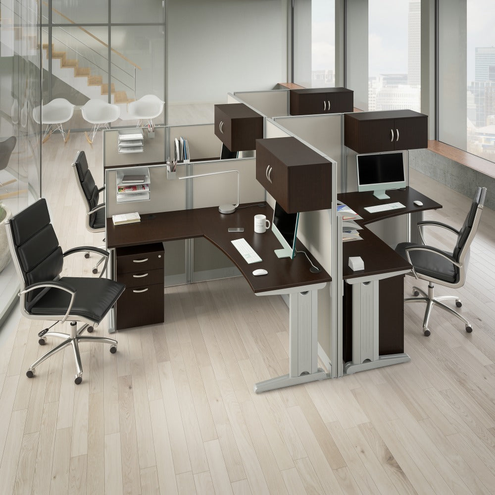 Bush Business Furniture Office in an Hour 4 Person L Shaped Cubicle Workstations, Mocha Cherry, Standard Delivery