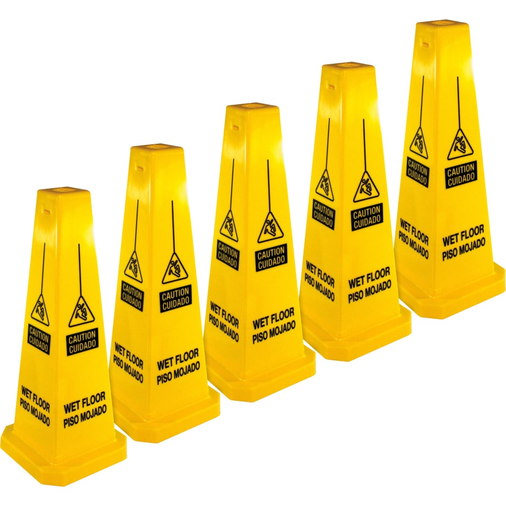 Genuine Joe Bright 4-sided Caution Safety Cone - 5 / Carton - English, Spanish - 10in Width x 24in Height x 10in Depth - Cone Shape - Stackable - Industrial - Polypropylene - Yellow