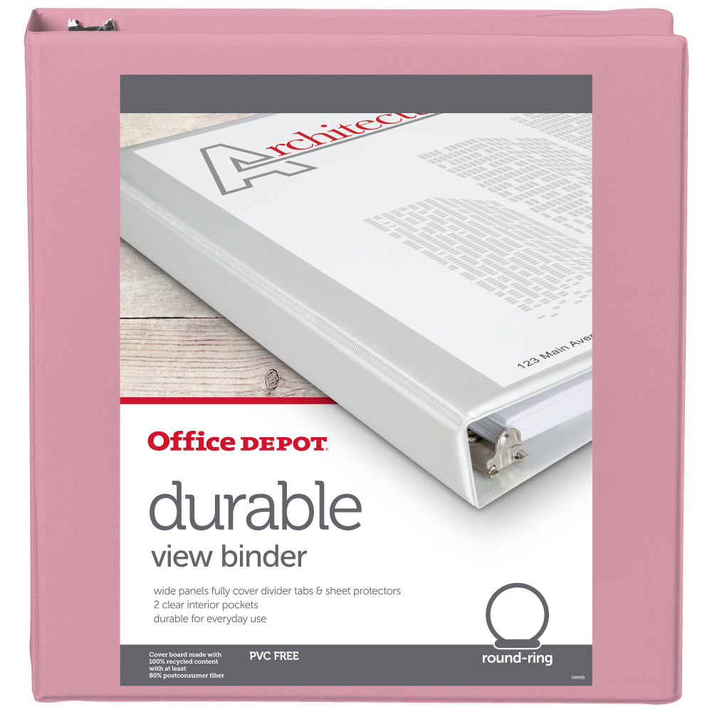 Office Depot Brand 3-Ring Durable View Binder, 1-1/2in Round Rings, Pink