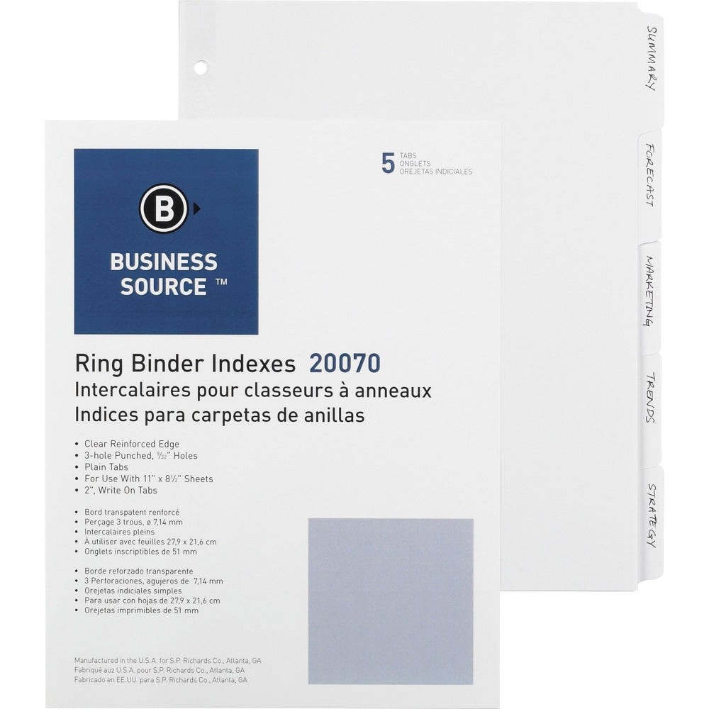 Business Source 3-Ring Plain Tab Indexes - 5 Write-on Tab(s)2in Tab Width - 8.5in Divider Width x 11in Divider Length - Letter - 3 Hole Punched - White Divider - 100 / Box