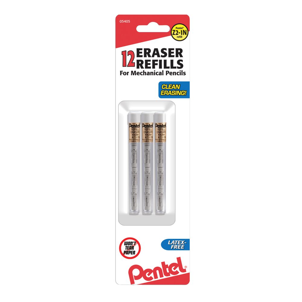 Pentel Eraser Refills For Mechanical Pencils, White, Pack Of 12