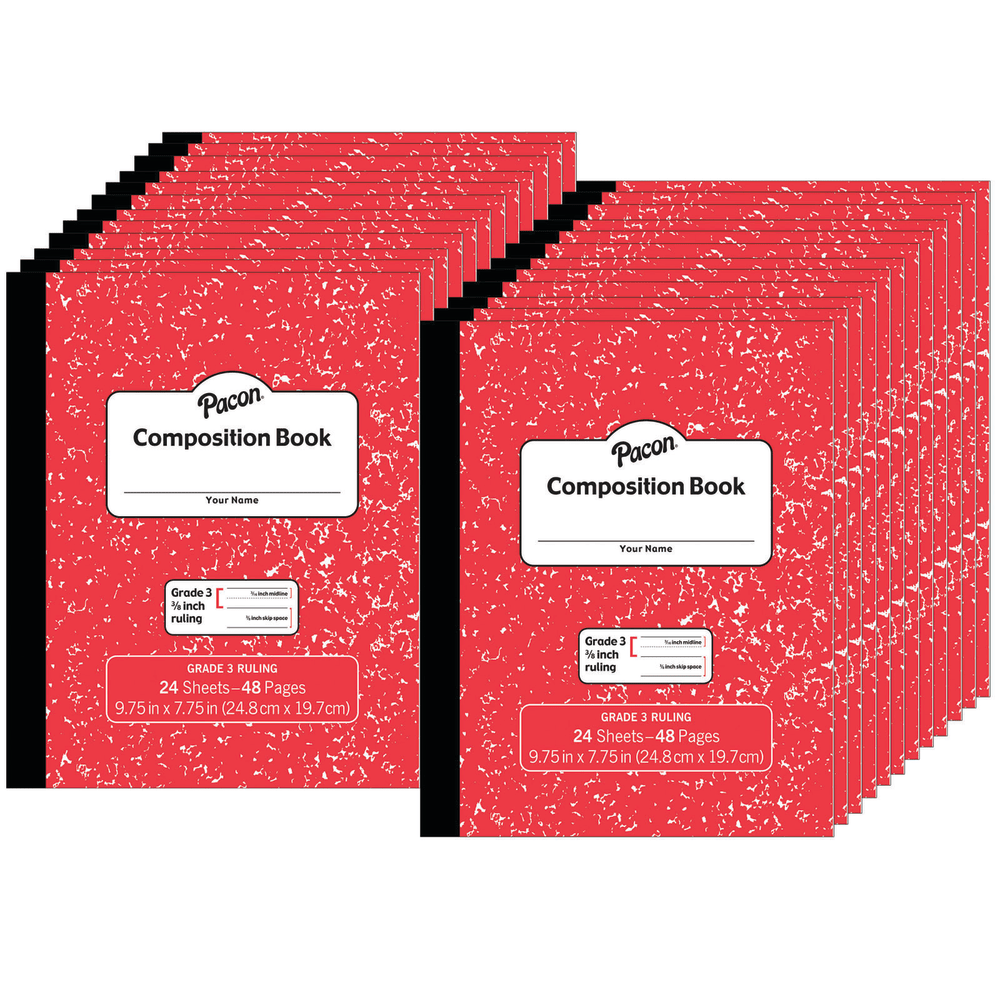 Pacon Composition Books, Grade 3, 9-3/4in x 7-1/2in, Primary Ruled, 24 Sheets, Red Marble, Pack Of 24 Books