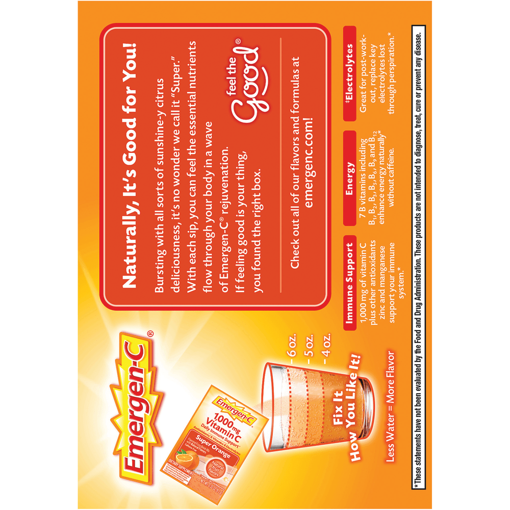 Emergen-C Powder Drink Mix, Super Orange, 0.32 Oz Per Packet, Box Of 60 Packets