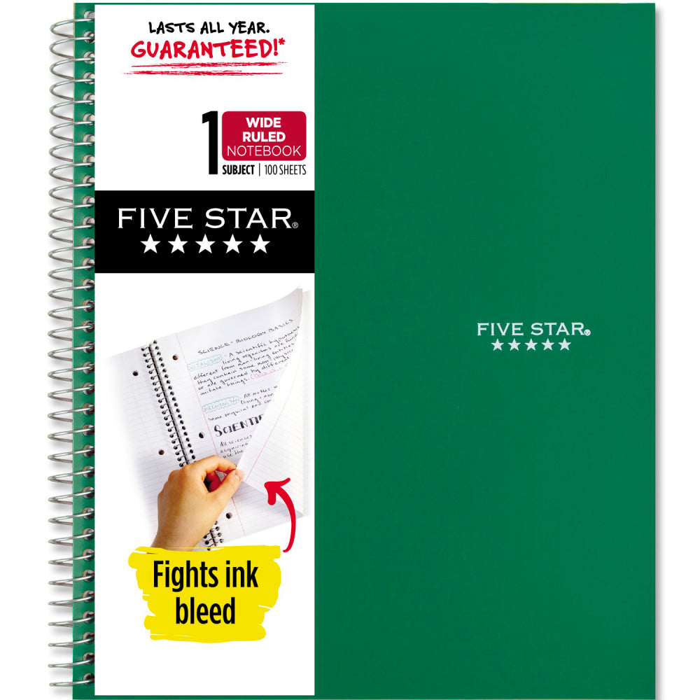 Five Star Wirebound Notebook, 8in x 10-1/2in, 1 Subject, Wide Ruled, 100 Sheets, Forest Green