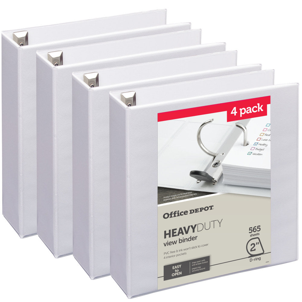 Office Depot Heavy-Duty View 3-Ring Binder, 2in D-Rings, White, 49% Recycled, Pack Of 4