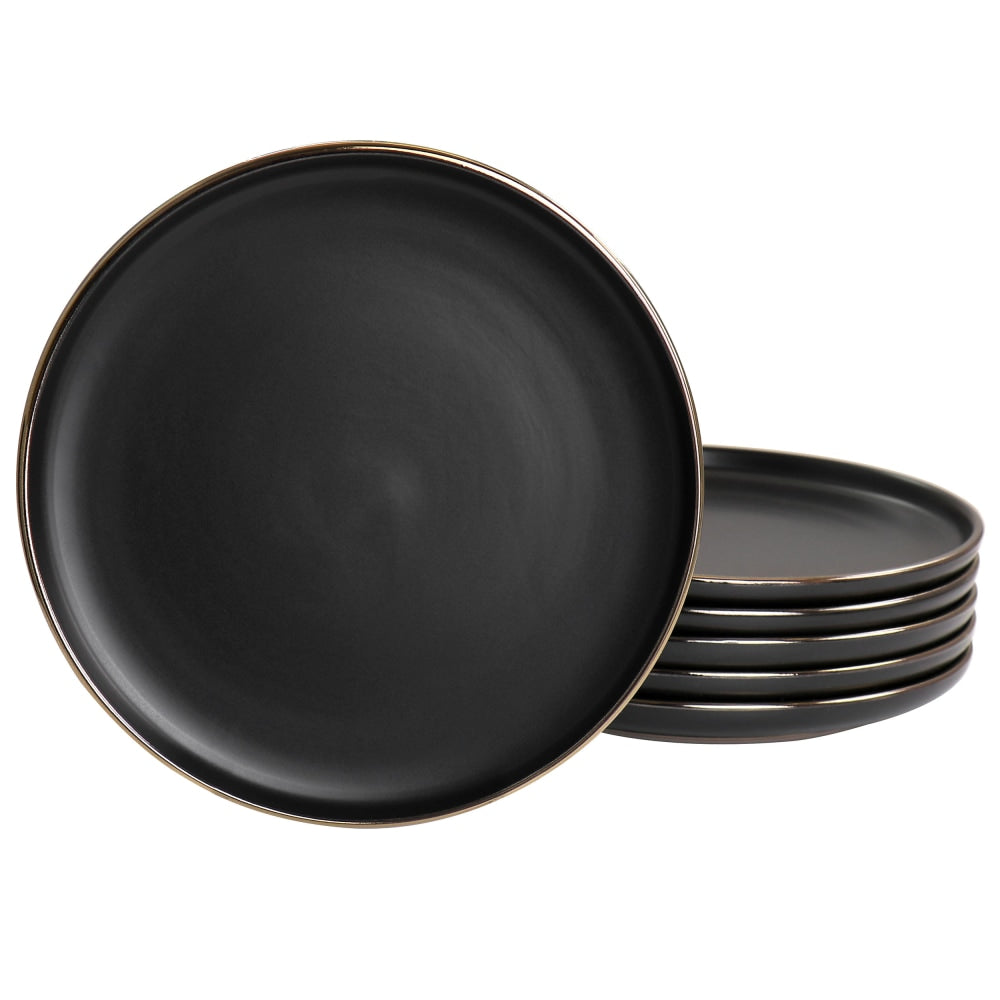 Elama Paul 6-Piece Round Stoneware Salad Plate Set, 8in, Matte Black/Gold