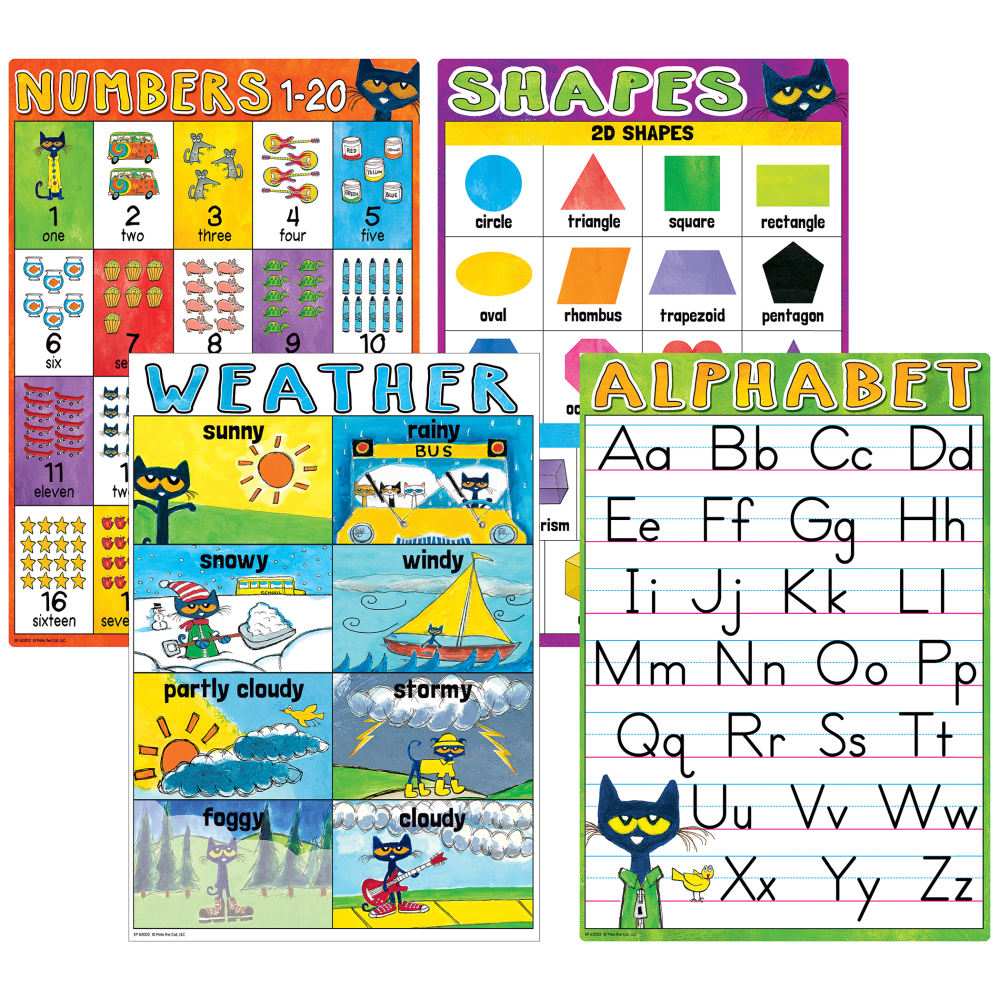 Edupress Pete The Cat Early Learning Small Posters, 11in x 15-3/4in, Pack Of 12 Posters