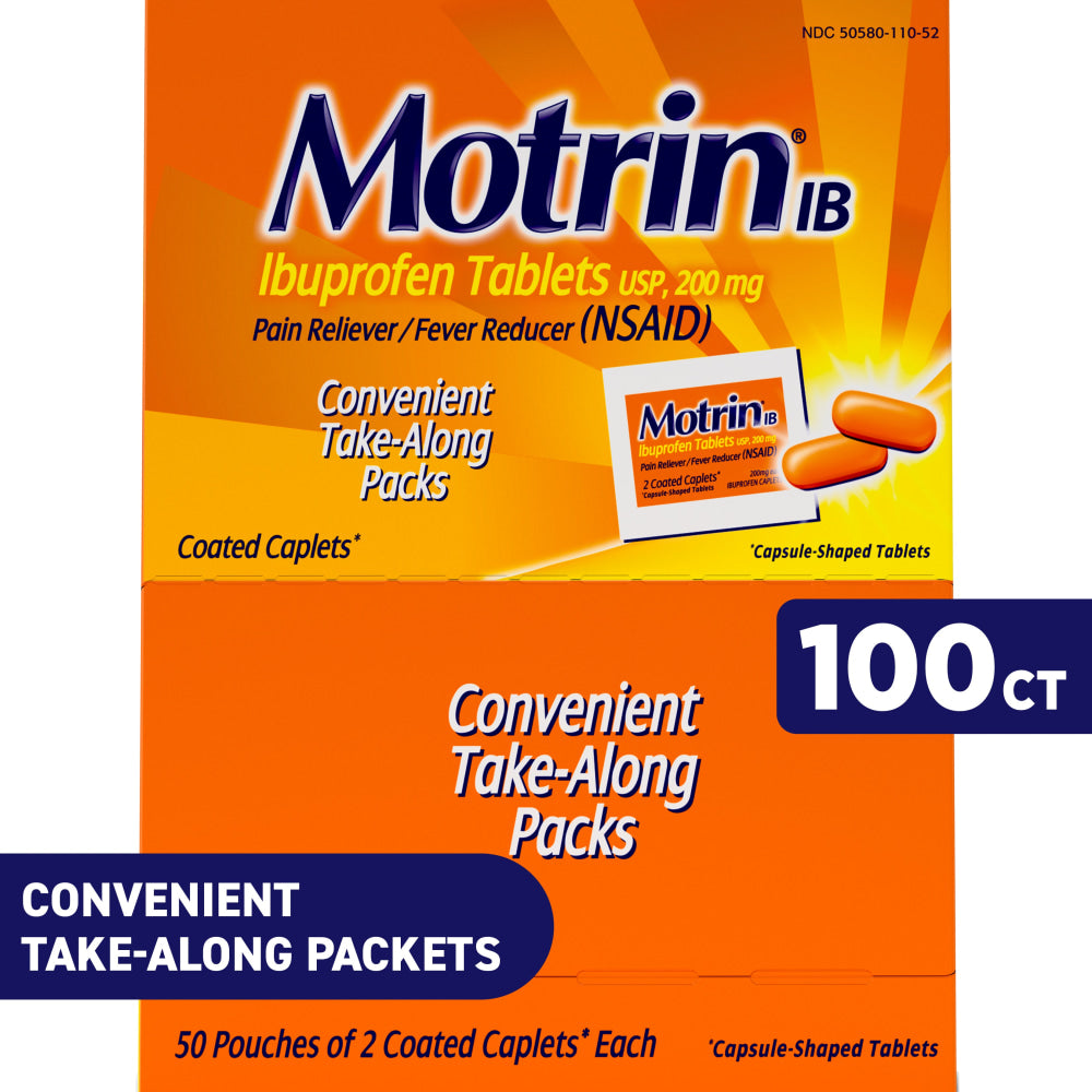 Motrin IB, Ibuprofen 200mg Tablets for Pain & Fever, 2 Tablets per Packet, 50 Packets per Box