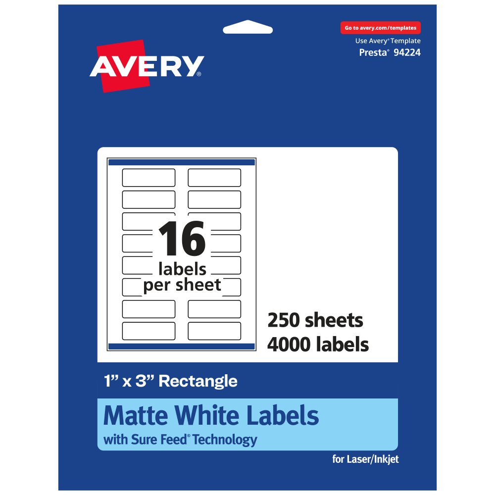 Avery Permanent Labels With Sure Feed, 94224-WMP250, Rectangle, 1in x 3in, White, Pack Of 4,000