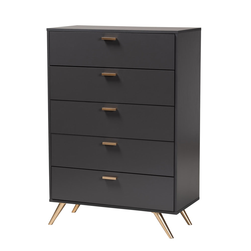 Baxton Studio Kelson 5-Drawer Chest, 46-1/8inH x 32-1/2inW x 15-3/4inD, Dark Gray/Gold