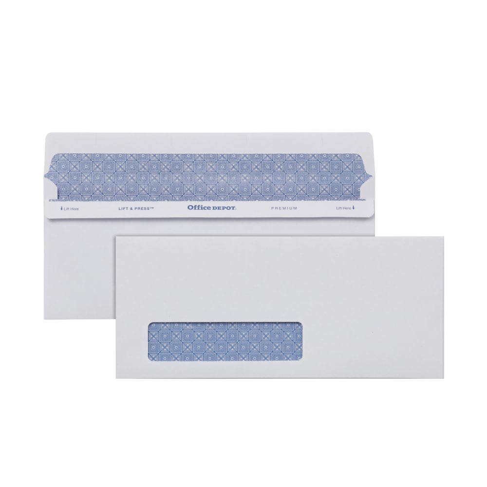 Office Depot Brand #10 Lift & Press Premium Security Envelopes, Left Window, Self Seal, 100% Recycled, White, Box Of 500