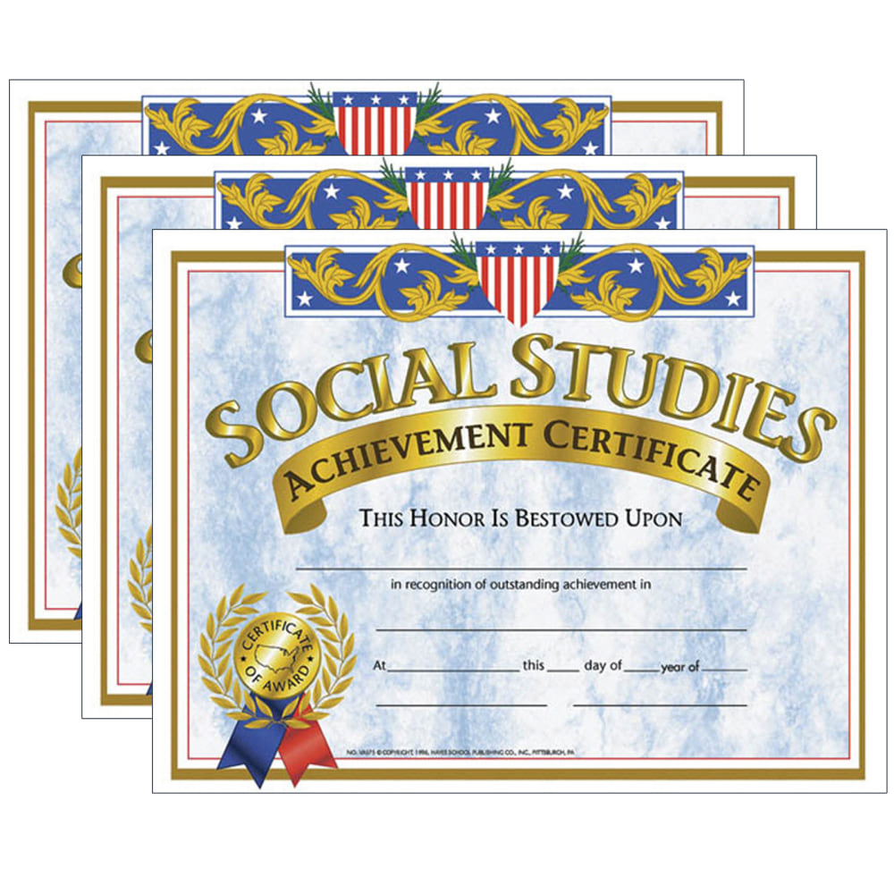 Hayes Certificates, 8-1/2in x 11in, Social Studies Achievement, 30 Certificates Per Pack, Set Of 3 Packs