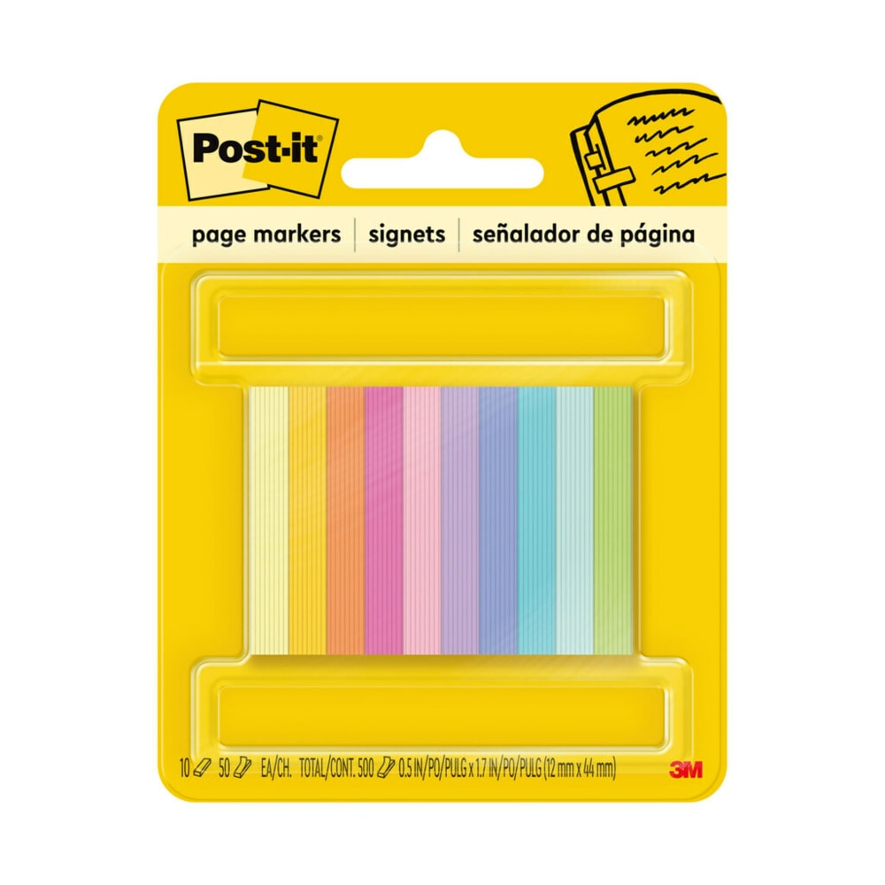 Post-it Page Markers, 1/2in x 1 3/4in, Assorted Bright Colors, 50 Per Pad, Pack Of 10 Pads