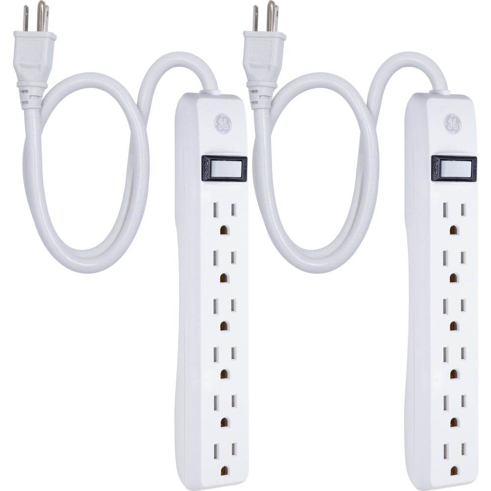 GE 6 Outlet Power Strip 2 Pack, 2ft Cord, White, 14833