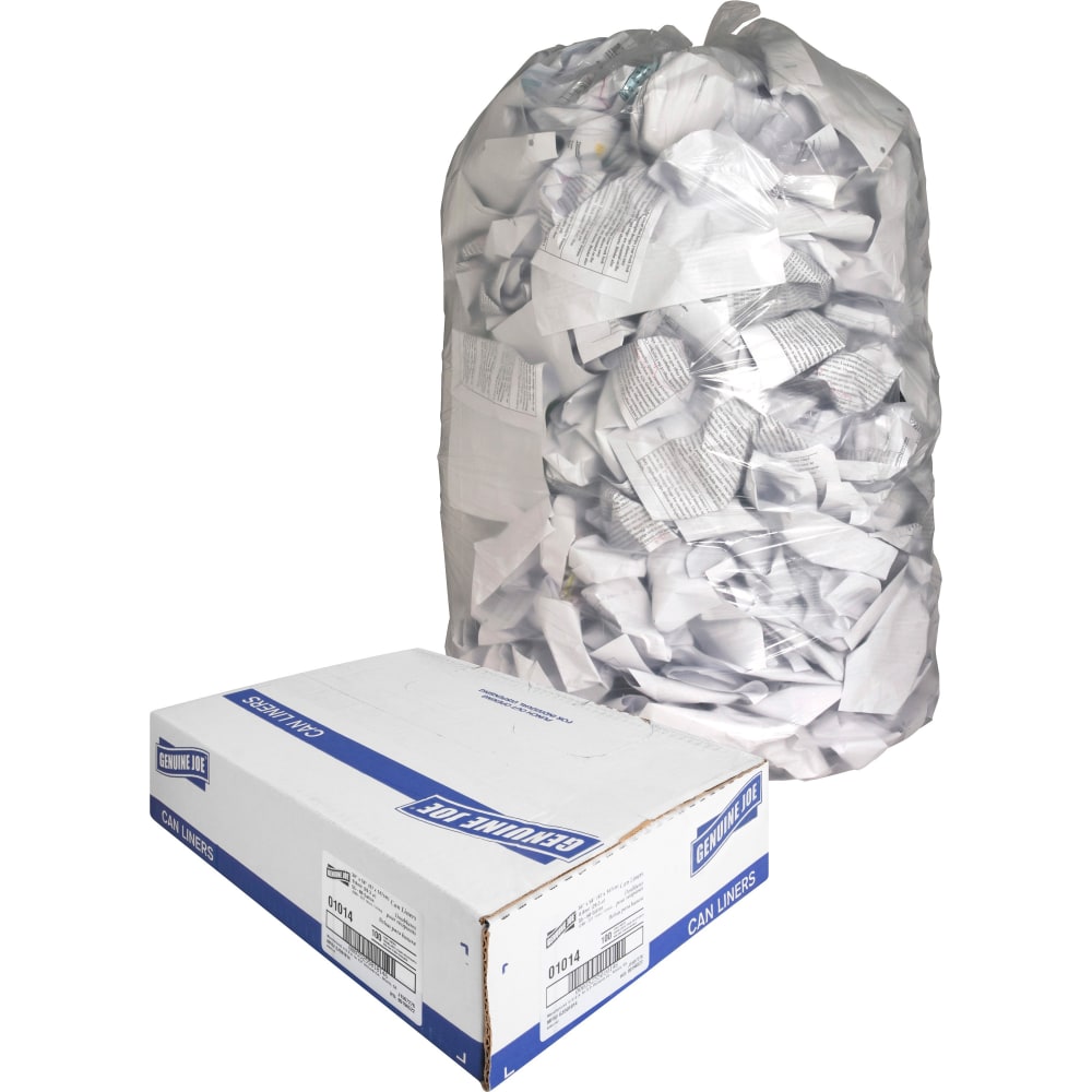 Genuine Joe 0.6 mil Trash Bags, 60 gal, 38inH x 58inW, Clear, 100 Bags