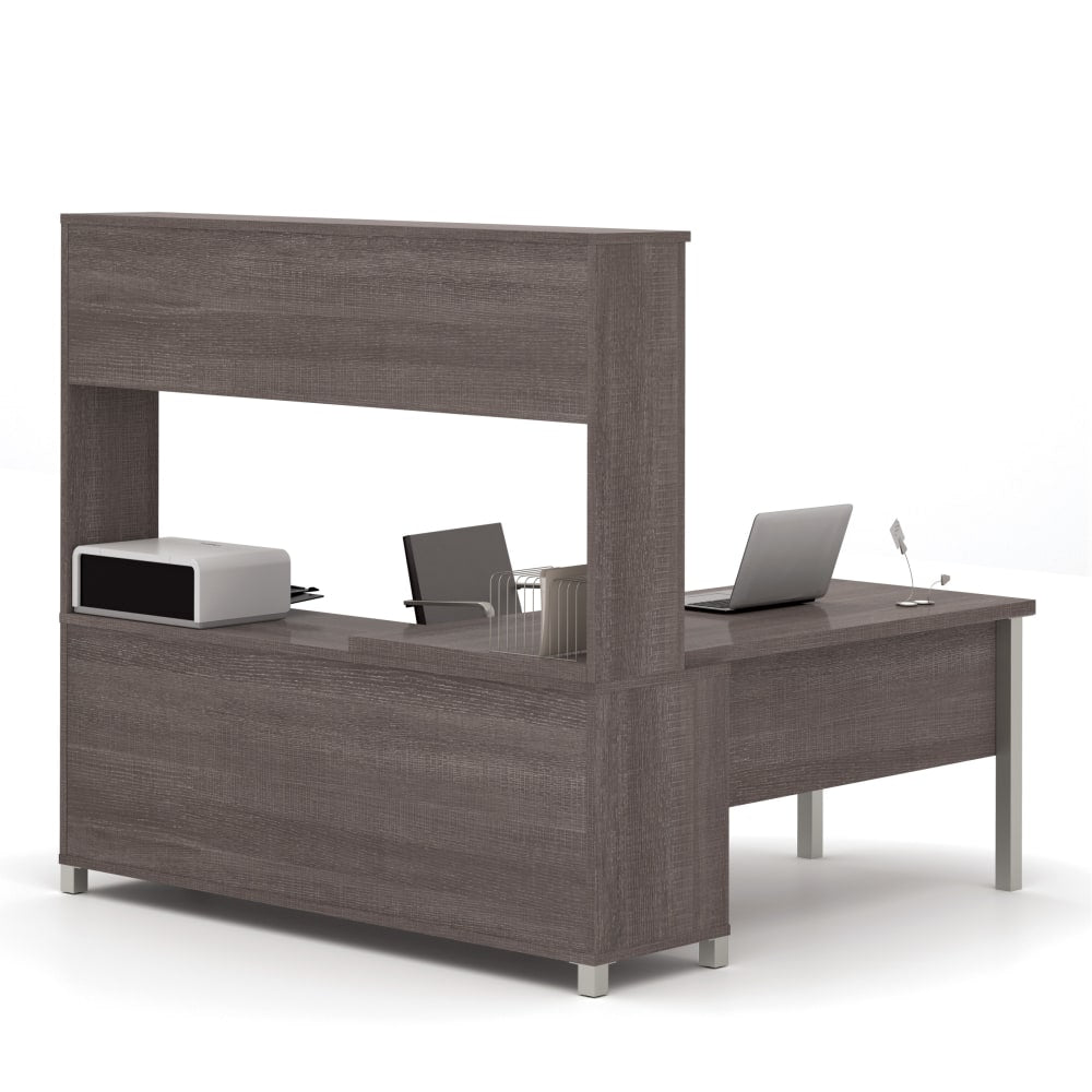 Bestar Pro-Linea 72inW L-Shaped Computer Desk With Metal Legs And Hutch, Bark Gray