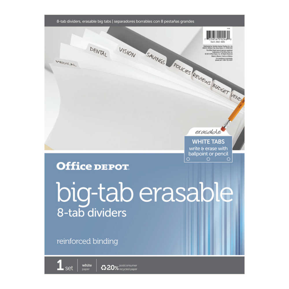 Office Depot Brand Erasable Big Tab Dividers, 8-Tab, White