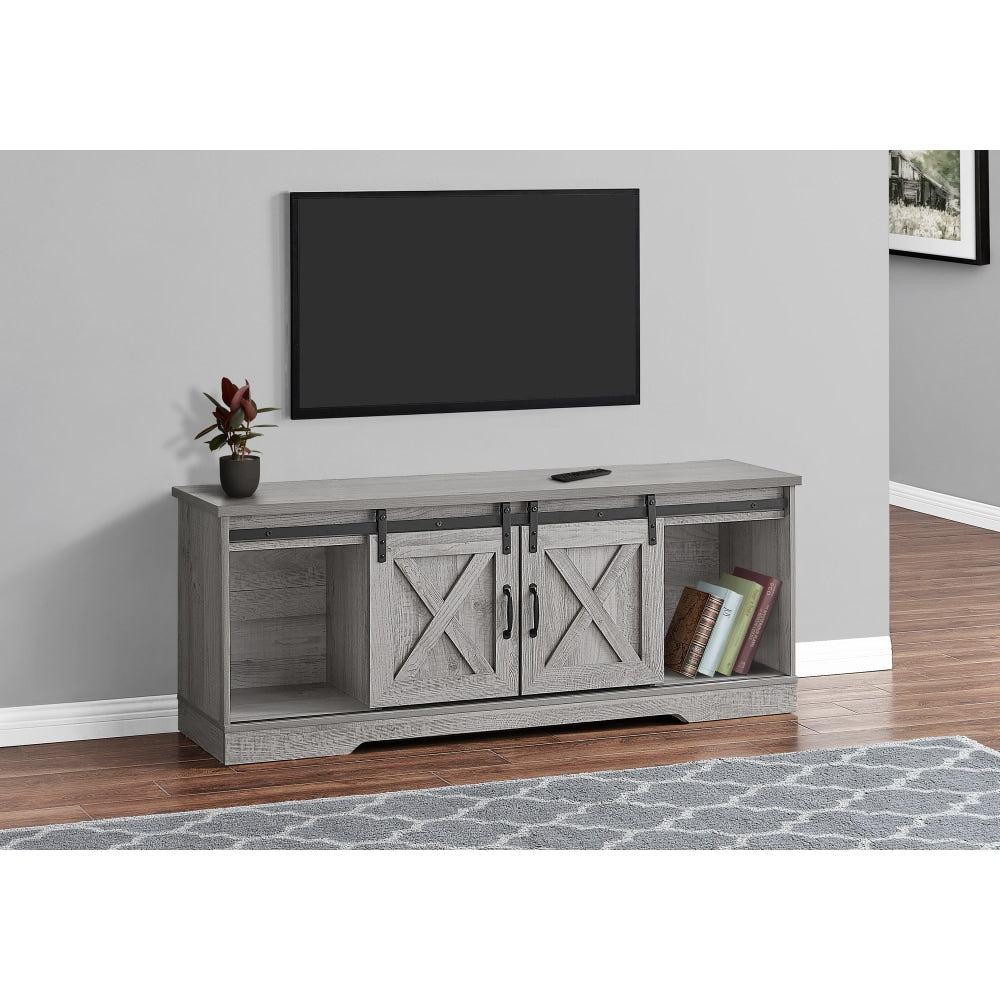 Monarch Specialties Jamie TV Stand With Sliding Barn Doors, Shelves And Storage Cabinets, 60inL, Gray