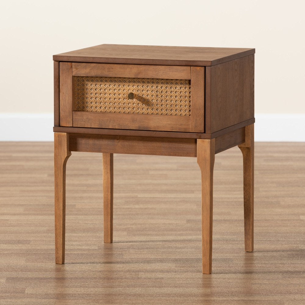 Baxton Studio Ramiel Finished Wood And Rattan 1-Drawer Nightstand, 23-1/2inH x 18-3/4inW x 15-3/4inD, Natural Brown/Gold