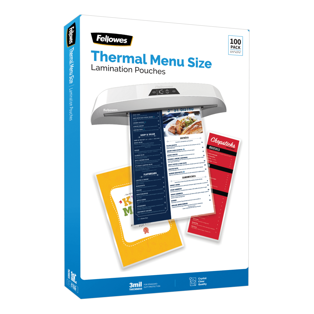 Fellowes Thermal Laminating Pouches, Menu Size, 3 Mil, 11-1/2in x 17-1/2in, Ultra-Clear, Pack Of 100 Pouches