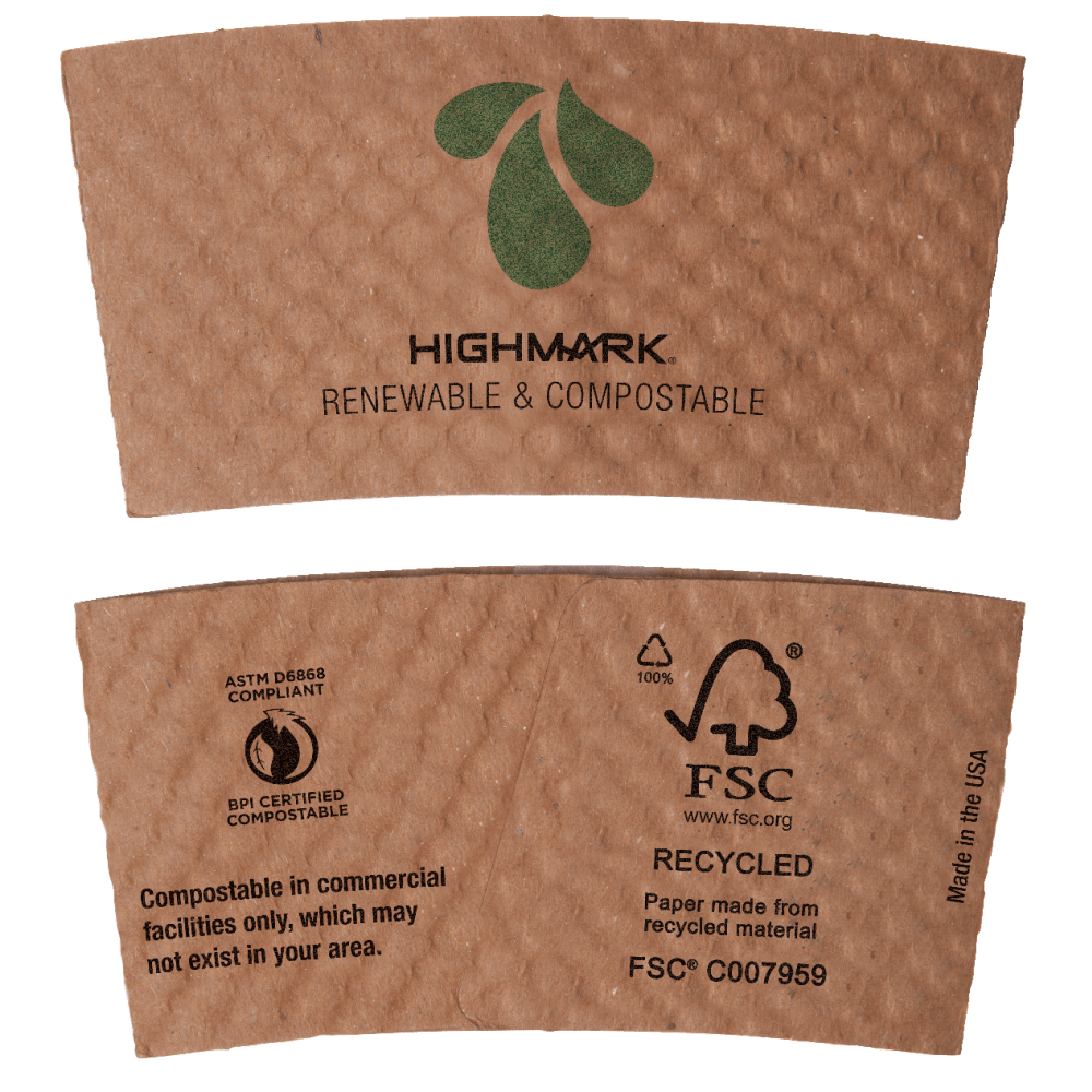 Highmark ECO Compostable Breakroom Hot Cup Sleeves, 100% Recycled, Kraft, Box Of 1,300