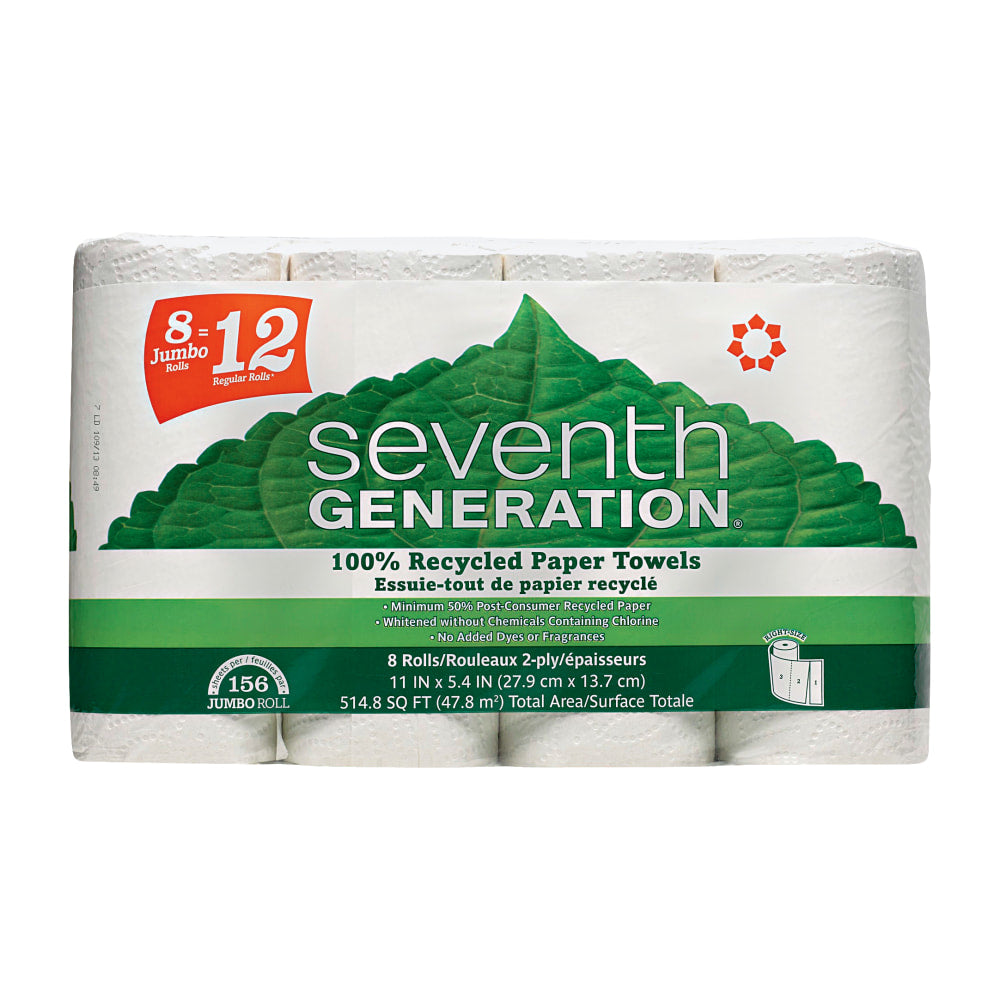 Seventh Generation 100% Recycled Paper Towels - 2 Ply - 156 Sheets/Roll - White - Paper - Absorbent, Chlorine-free, Chemical-free, Dye-free, Fragrance-free - 156 - 32 / Carton