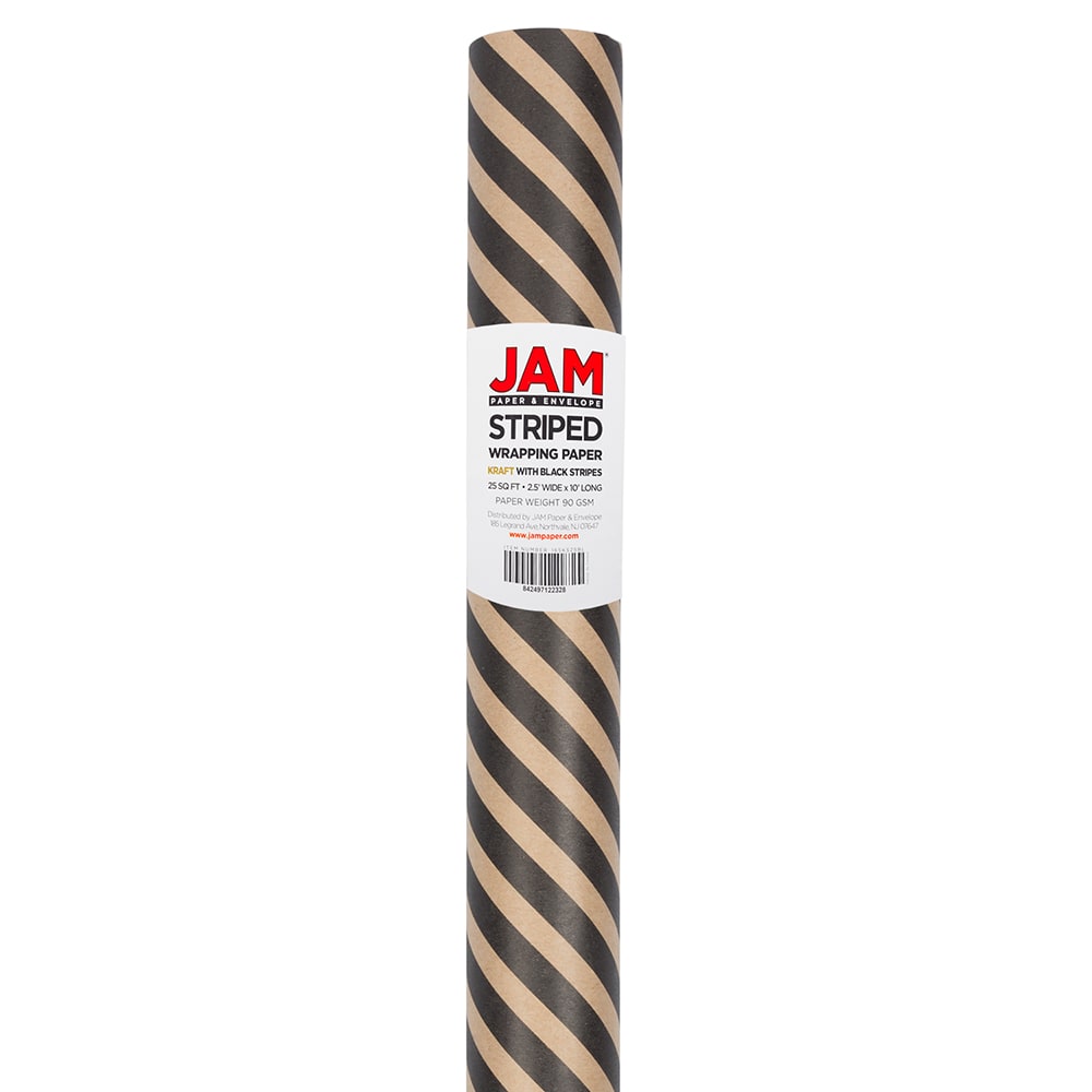 JAM Paper Wrapping Paper, Striped, 25 Sq Ft, Black & Brown Kraft