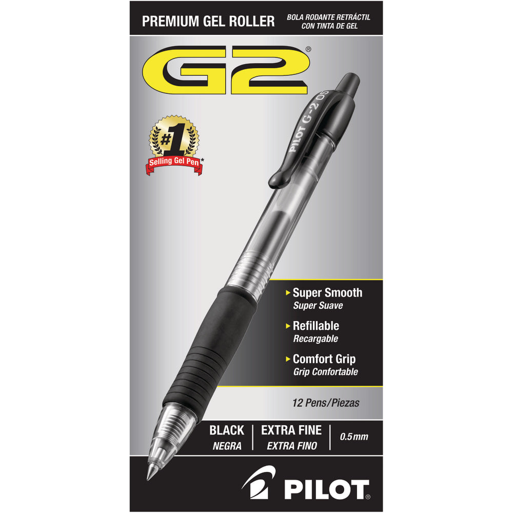 Pilot G2 Retractable Gel Pens, Extra Fine Point, 0.5 mm, Clear Barrels, Black Ink, Pack Of 12