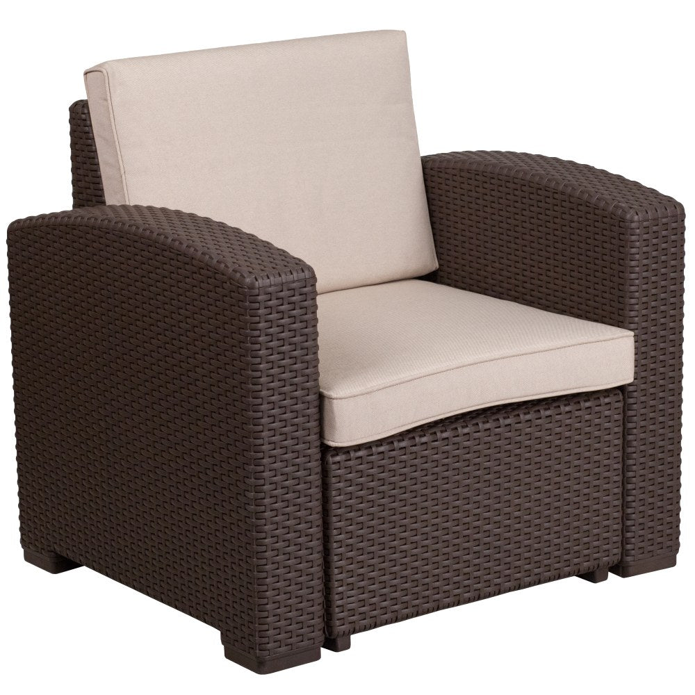 Flash Furniture Faux Rattan Outdoor Chair With Curved Arms And All-Weather Cushion, Chocolate Brown