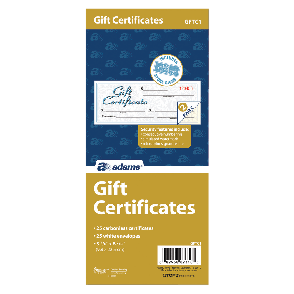 Adams 2-Part Gift Certificates Kit, 3 2/5in x 8 1/2in, White, Pack Of 25 Certificates/Envelopes