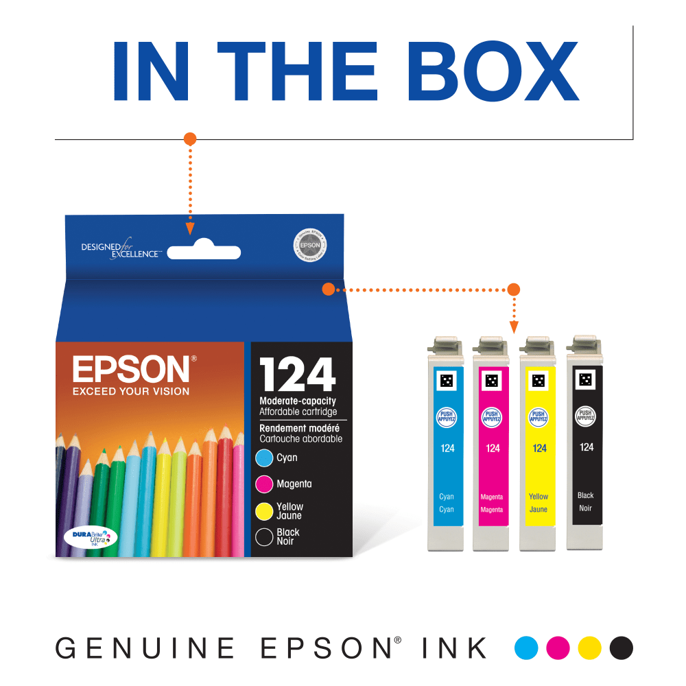 Epson 124 DuraBrite Ultra Black And Cyan, Magenta, Yellow Ink Cartridges, Pack Of 4, T124120