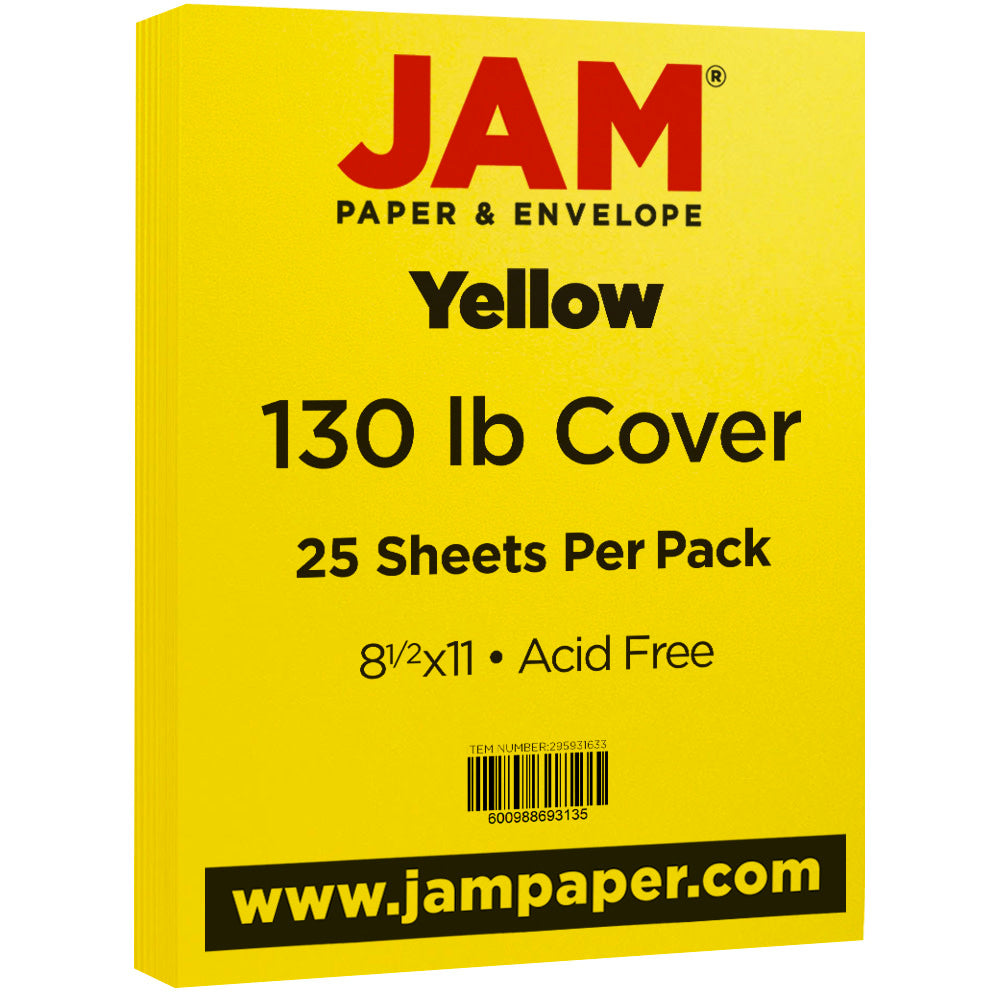 JAM Paper Card Stock, Yellow, Letter (8.5in x 11in), 130 Lb, Pack Of 25