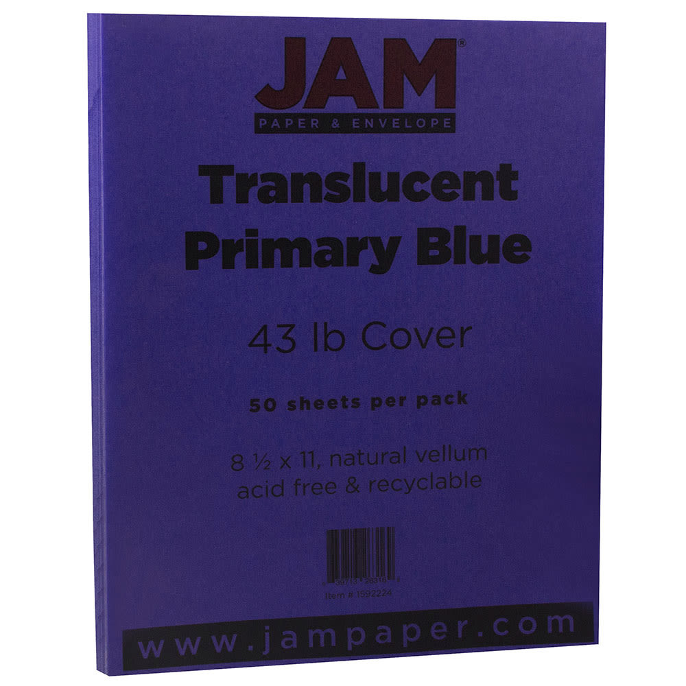 JAM Paper Card Stock, Translucent Primary Blue, Letter (8.5in x 11in), 43 Lb, Pack Of 50