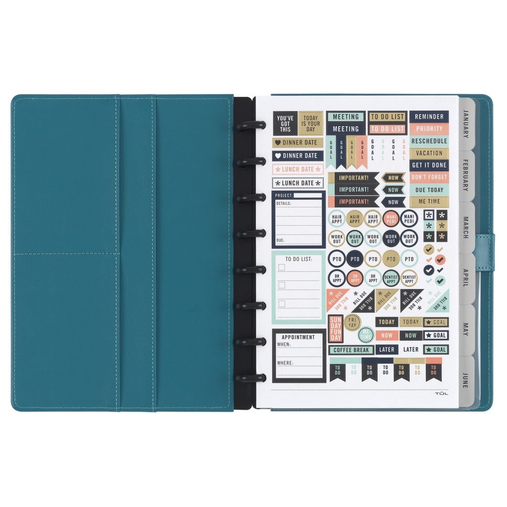 TUL Discbound Monthly Planner Starter Set, Undated, Junior Size, Leather Cover, Teal