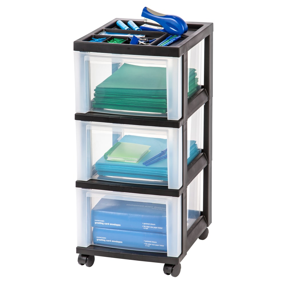 Office Depot Brand Plastic 3-Drawer Storage Cart, 26 1/5in x 12 1/10in x 14 3/10in, Black