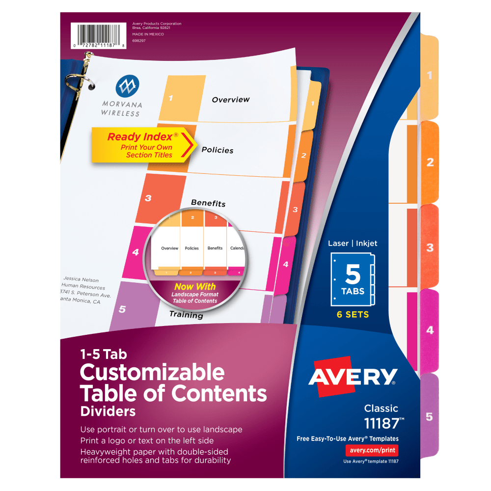 Avery Ready Index 1-5 Tab Binder Dividers With Customizable Table Of Contents, 8-1/2in x 11in, 5 Tab, White/Multicolor, Pack Of 6 Sets