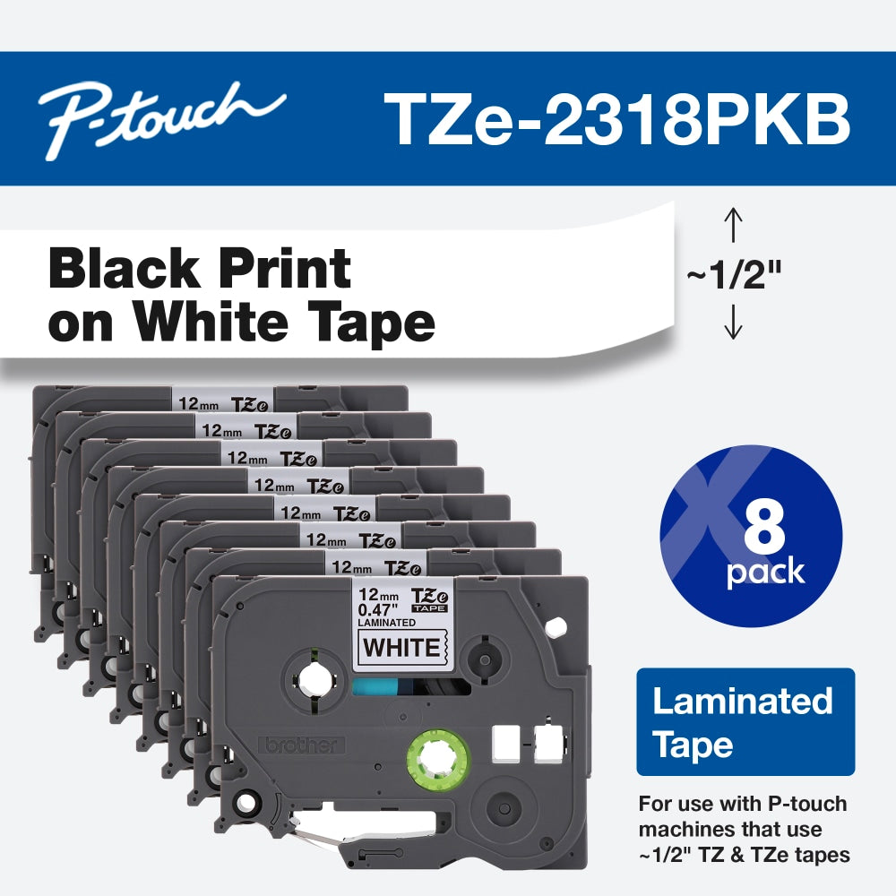 Brother P-Touch Label Maker Tape, Black/White, Pack Of 8 Rolls