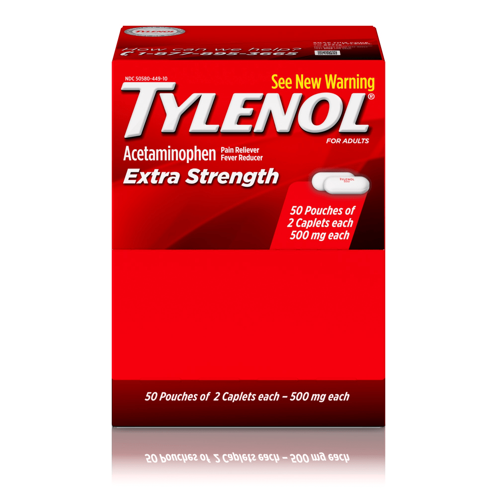 TYLENOL Extra Strength Caplets, Fever Reducer and Pain Reliever, 500 mg, 2 Caplets Per Packet, Box Of 50 Packets