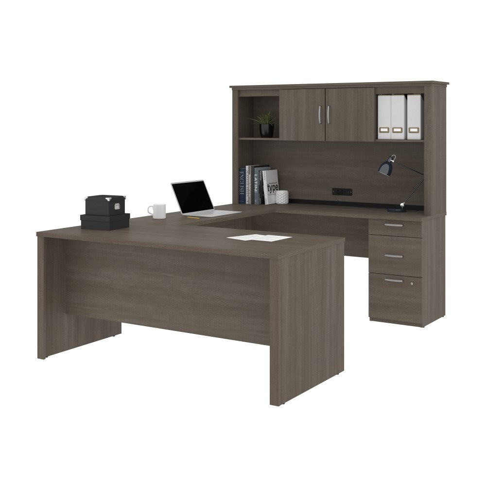 Bestar Logan 66inW U- Or L-Shaped Executive Corner Desk With Pedestal And Hutch, Bark Gray