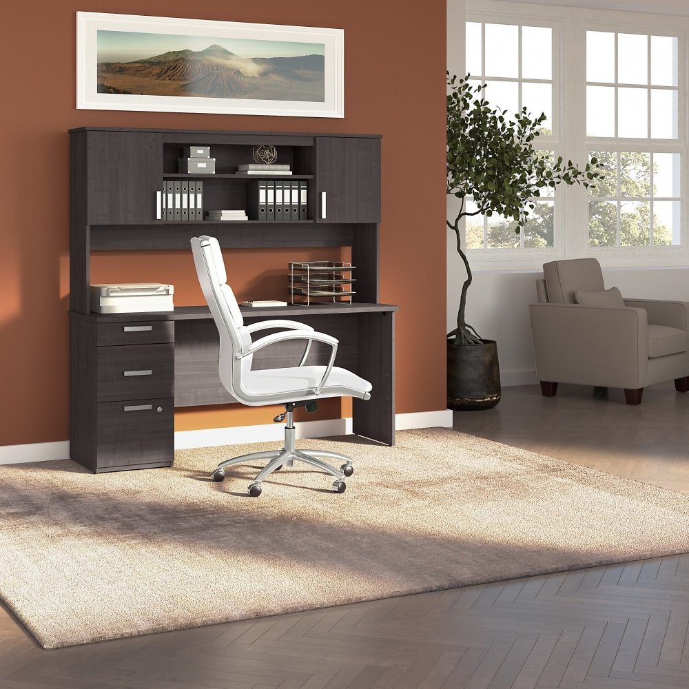 Bestar Ridgeley 65inW Computer Desk With Hutch, Charcoal Maple