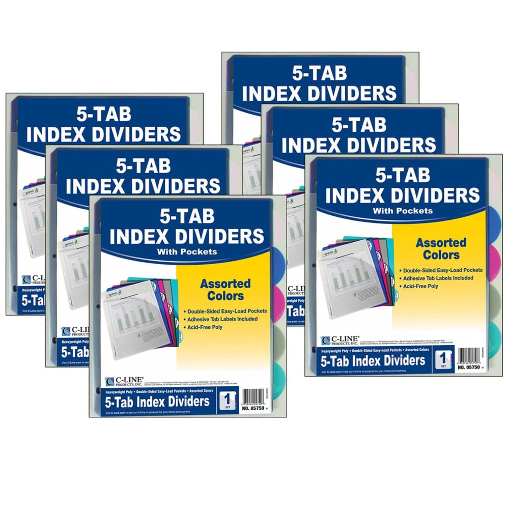 C-Line 5-Tab Poly Index Dividers With Slant Pocket, 8-1/2in x 11in, Assorted, 5 Dividers Per Pack, Set Of 6 Packs