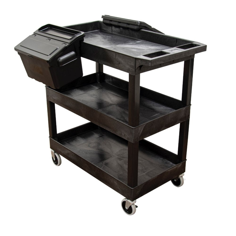 Luxor E-Series 3-Tub Plastic Utility Cart, With Outrigger Accessory Bins, 36-1/4inH x 24inW x 18inD, Black