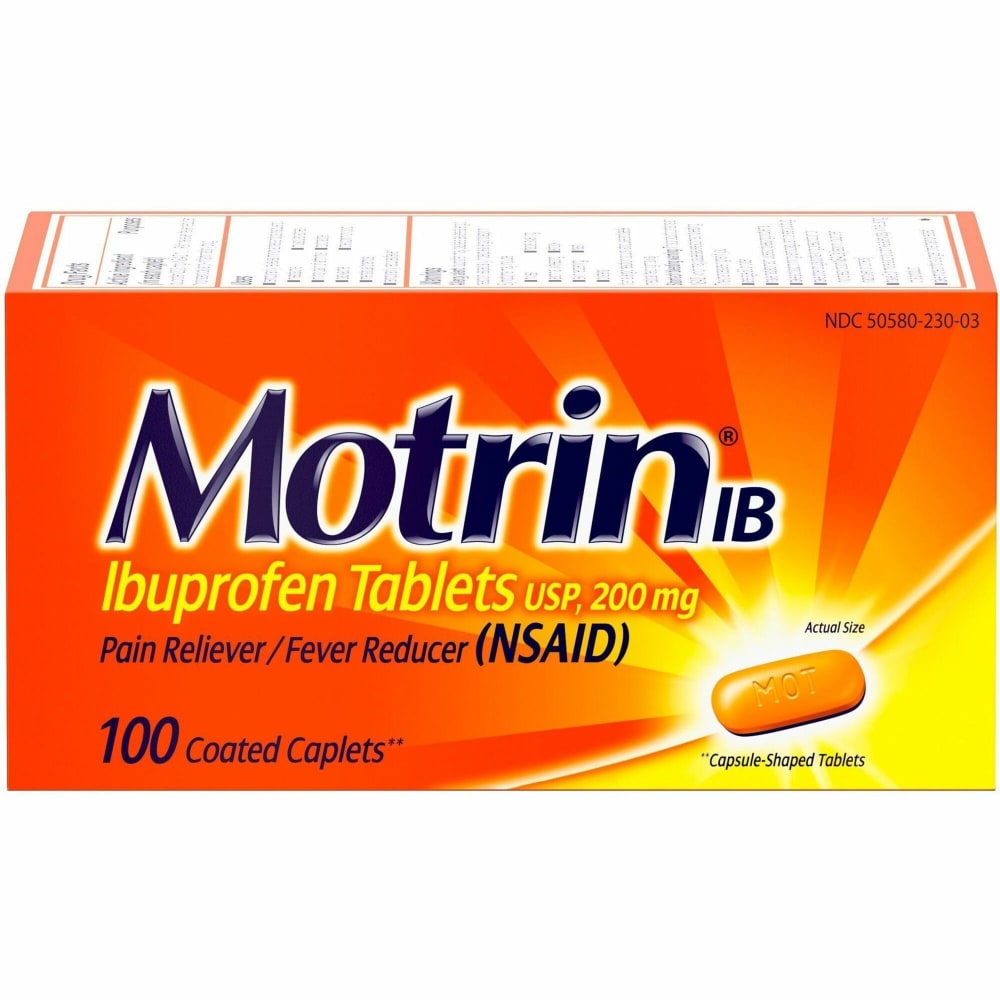 Motrin Ibuprofen Caplets - For Fever, Common Cold, Headache, Backache, Muscular Pain, Arthritis, Toothache - 100 / Box