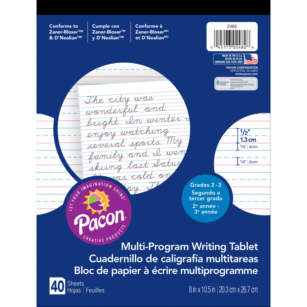 Pacon Multi-Program Vertical Handwriting Tablets, 1/2in Ruled, 8in x 10-1/2in, White, 40 Sheets Per Tablet, Set Of 12 Tablets