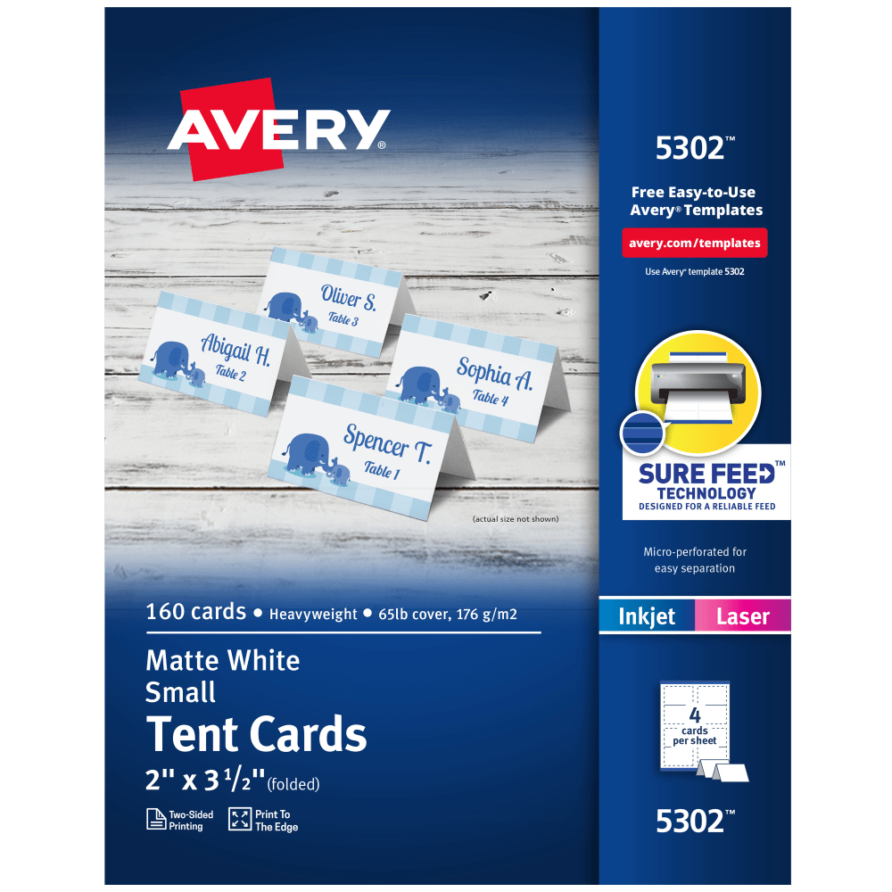 Avery Printable Small Tent Cards With Sure Feed Technology, 2in x 3.5in, White, 160 Blank Place Cards