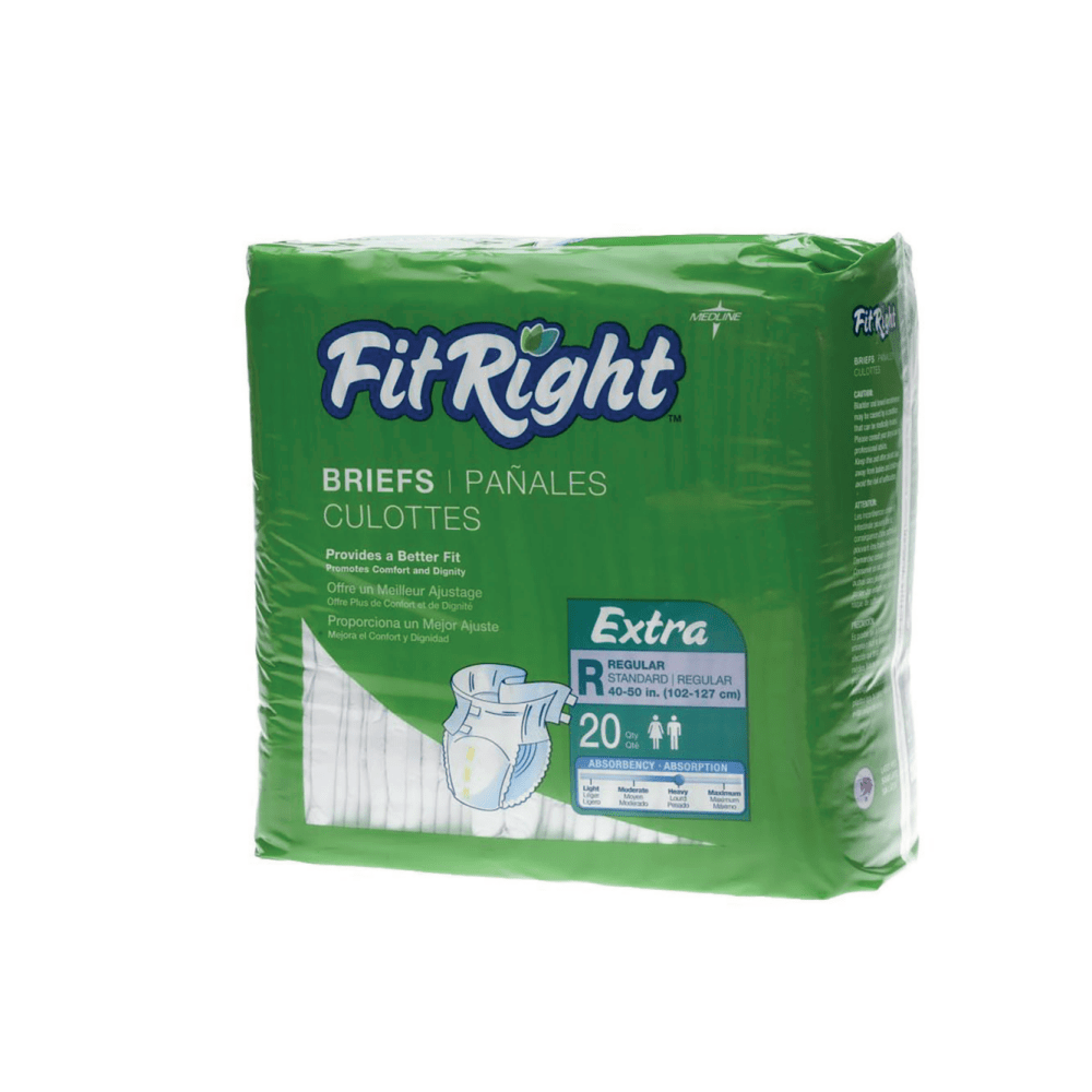 FitRight Extra Disposable Briefs, Regular, Blue/White, 20 Briefs Per Bag, Case Of 4 Bags