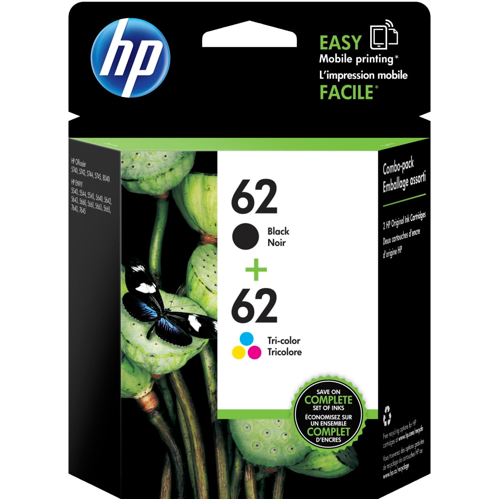 HP 62 Black And Tri-Color Ink Cartridges, Pack Of 2, N9H64FN