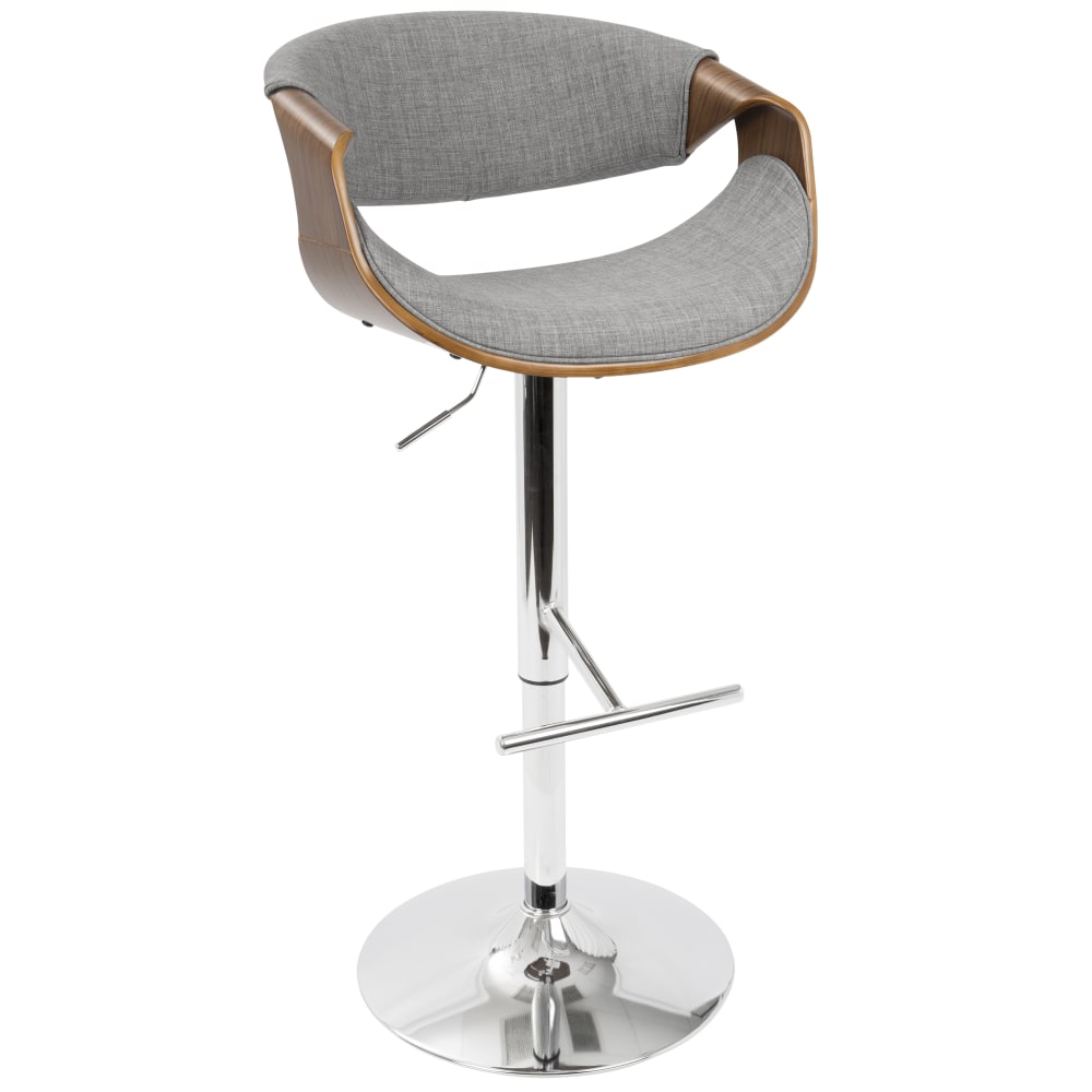 LumiSource Curvo Bar Stool, Light Gray Seat/Chrome/Walnut Wood Frame