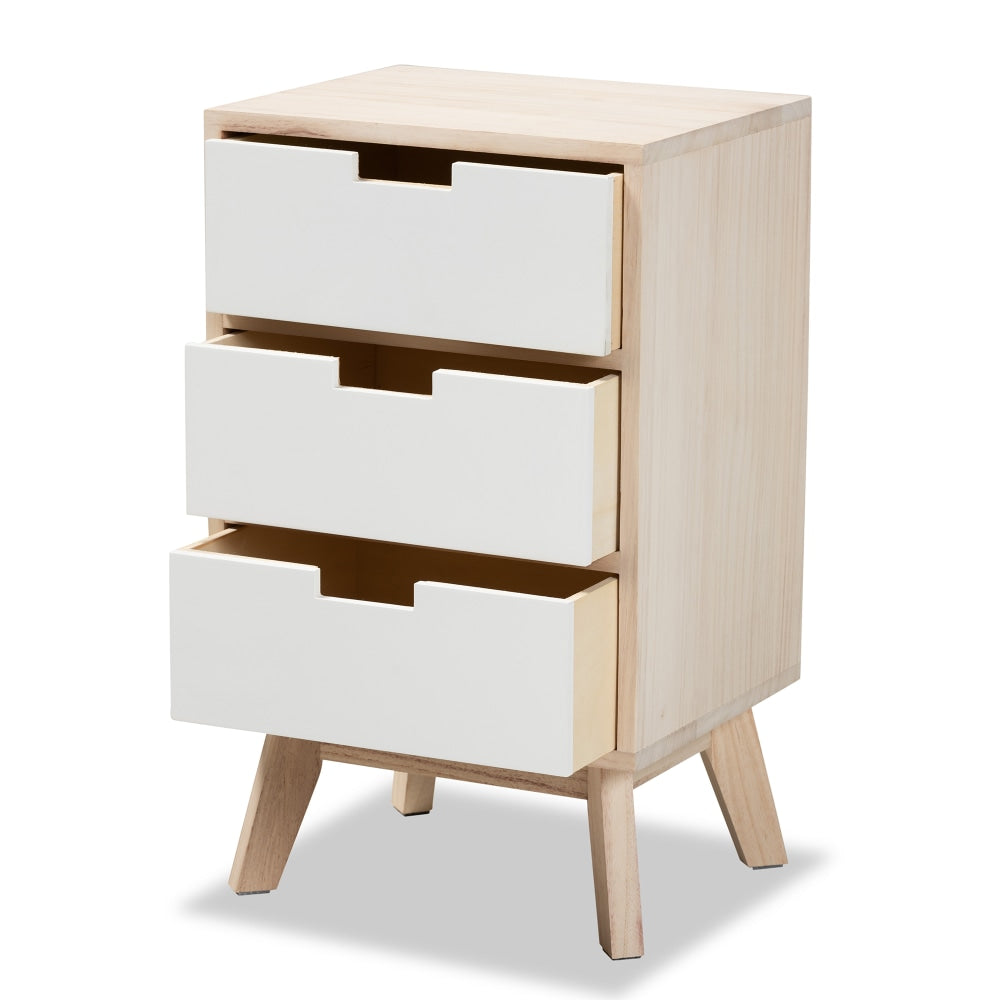 Baxton Studio Halian 3-Drawer Nightstand, 23-1/4inH x 13-13/16inW x 11-13/16inD, White/Light Brown