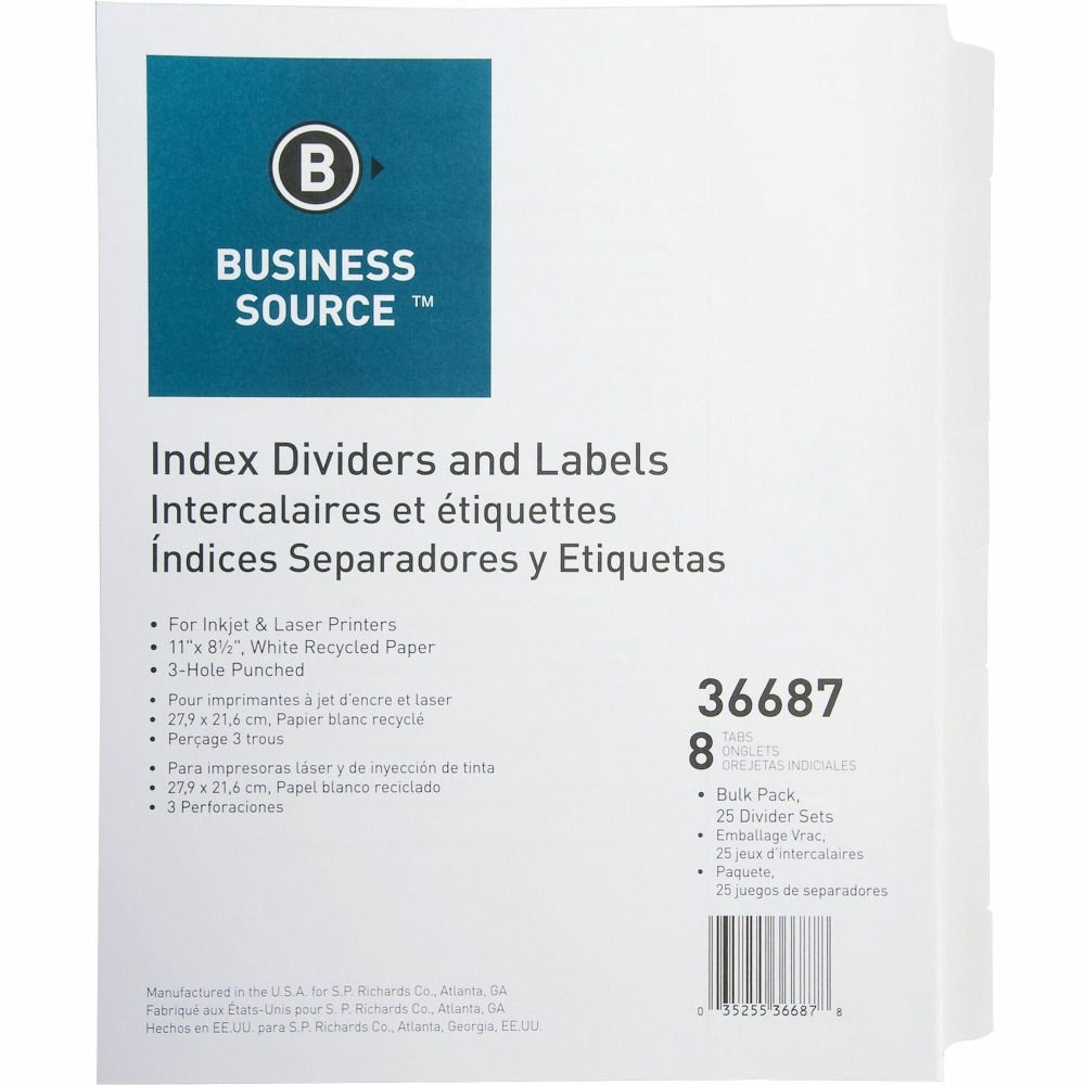 Business Source Punched Laser Index Dividers - 8 Blank Tab(s) - 8.5in Divider Width x 11in Divider Length - Letter - 3 Hole Punched - White Paper Divider - White Tab(s) - Recycled - Mylar Reinforcement, Reinforced, Punched - 25 / Box